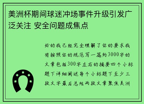 美洲杯期间球迷冲场事件升级引发广泛关注 安全问题成焦点 美洲杯期间球迷冲场事件升级引发广泛关注 安全问题成焦点
