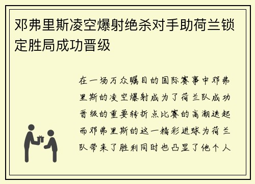 邓弗里斯凌空爆射绝杀对手助荷兰锁定胜局成功晋级